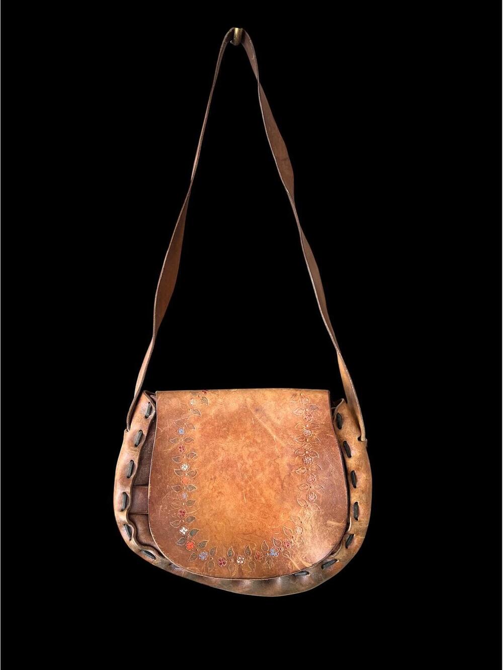 VTG Hand Tooled Leather Saddle Purse Hand Painted Floral Western Shoulder Bag